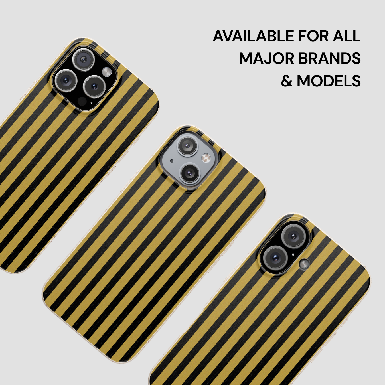 Three striped phone cases on a light gray background with text about compatibility.