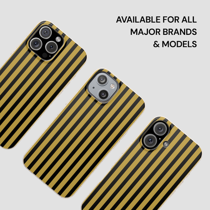 Three striped phone cases on a light gray background with text about compatibility.