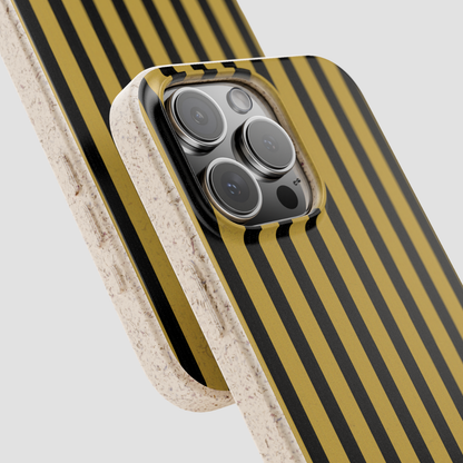 Phone case with black and gold striped design on a light gray background