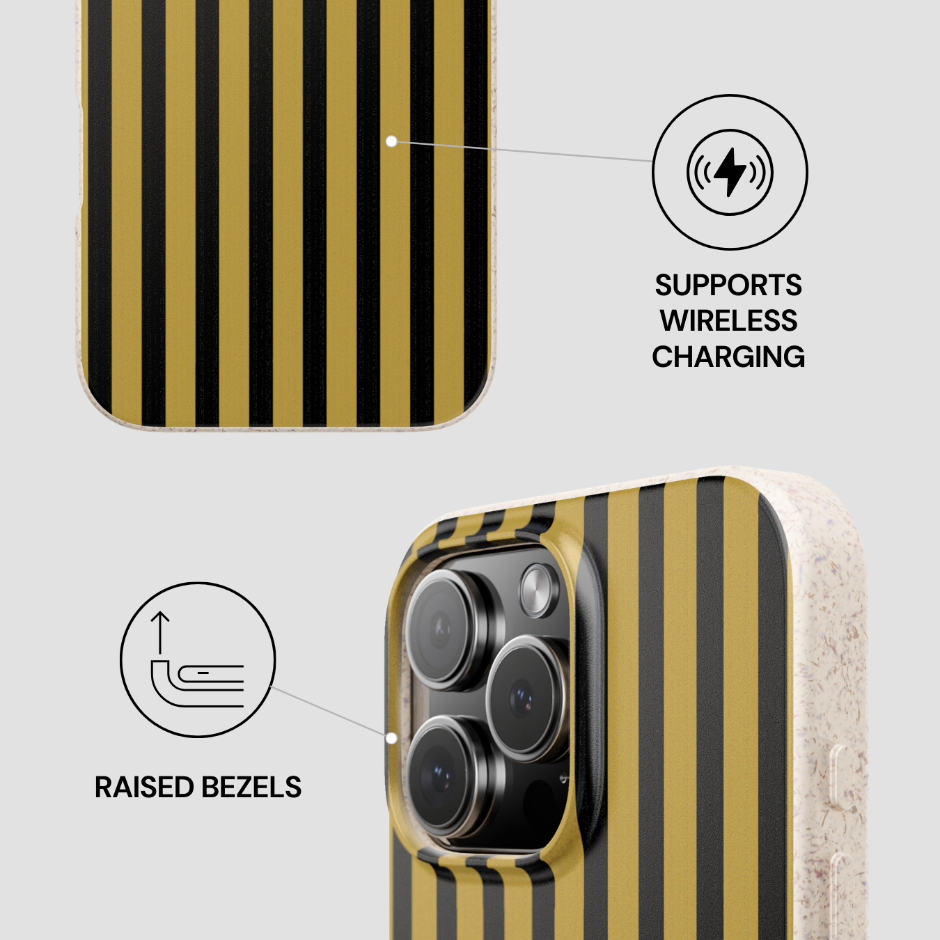 Phone case with black and gold striped design, wireless charging symbol, and raised bezels text on a light gray background.
