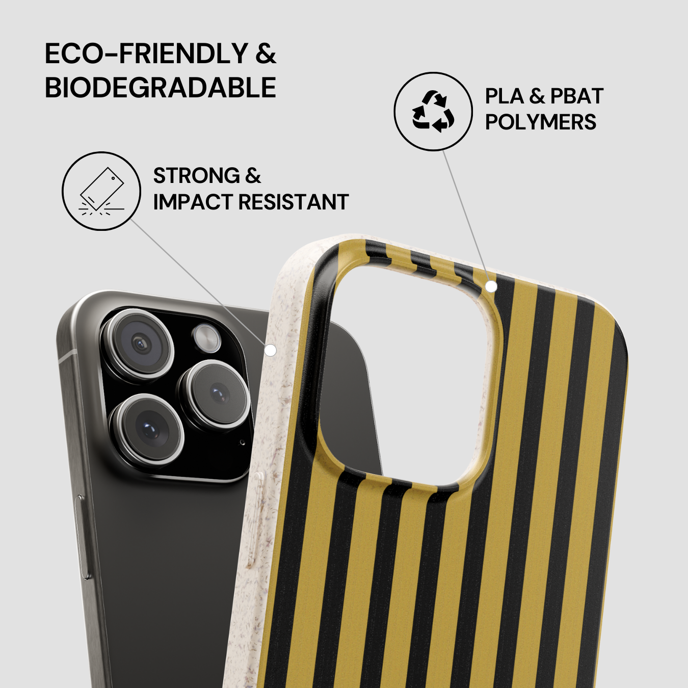 Eco-friendly phone case with black and gold striped design on a gray background