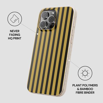 Phone case with black and yellow striped design on a light gray background