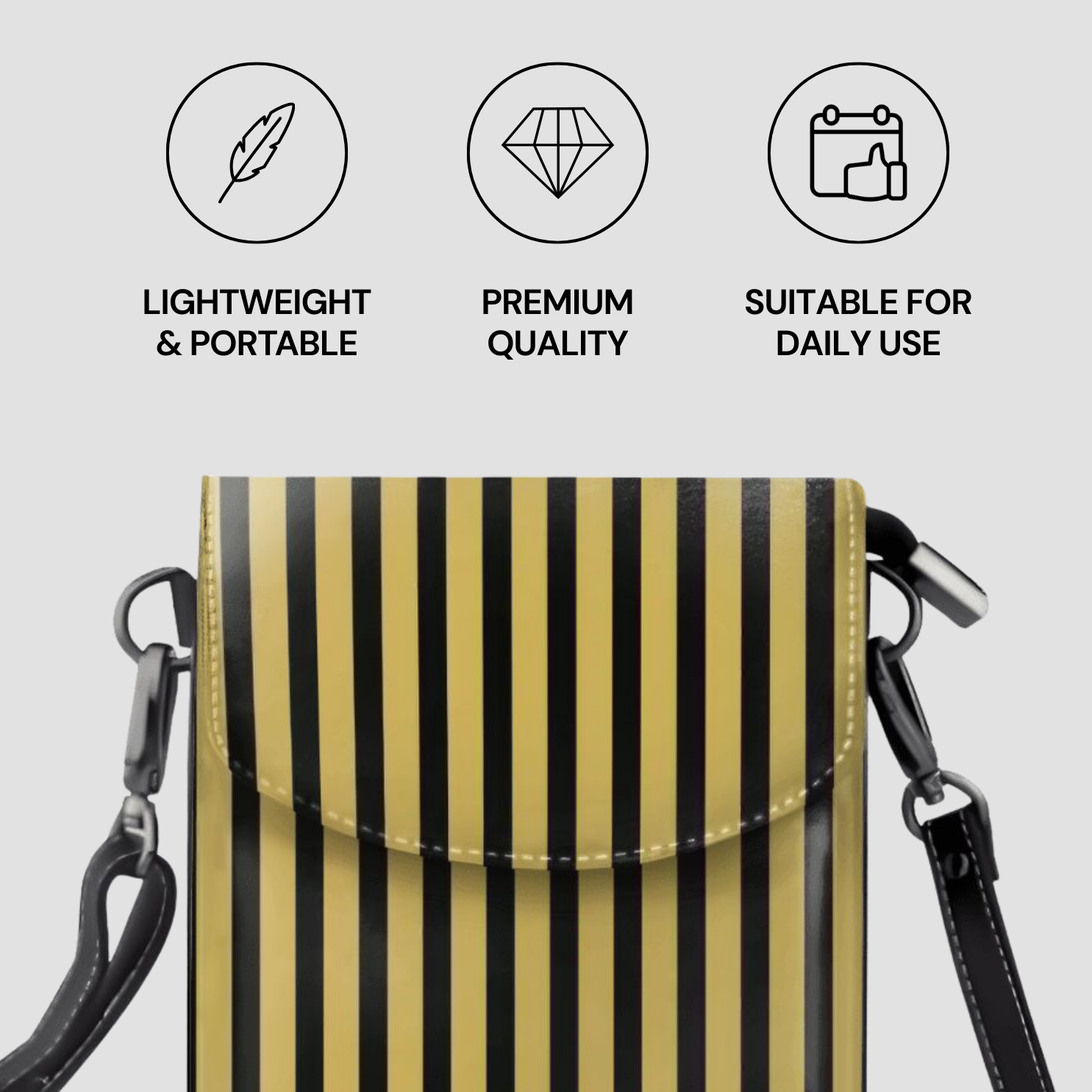 Black and gold striped crossbody bag with icons and text on a light gray background
