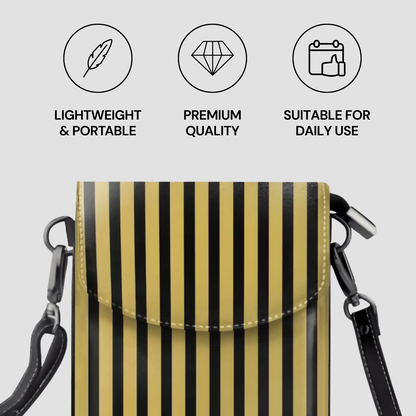 Black and gold striped crossbody bag with icons and text on a light gray background