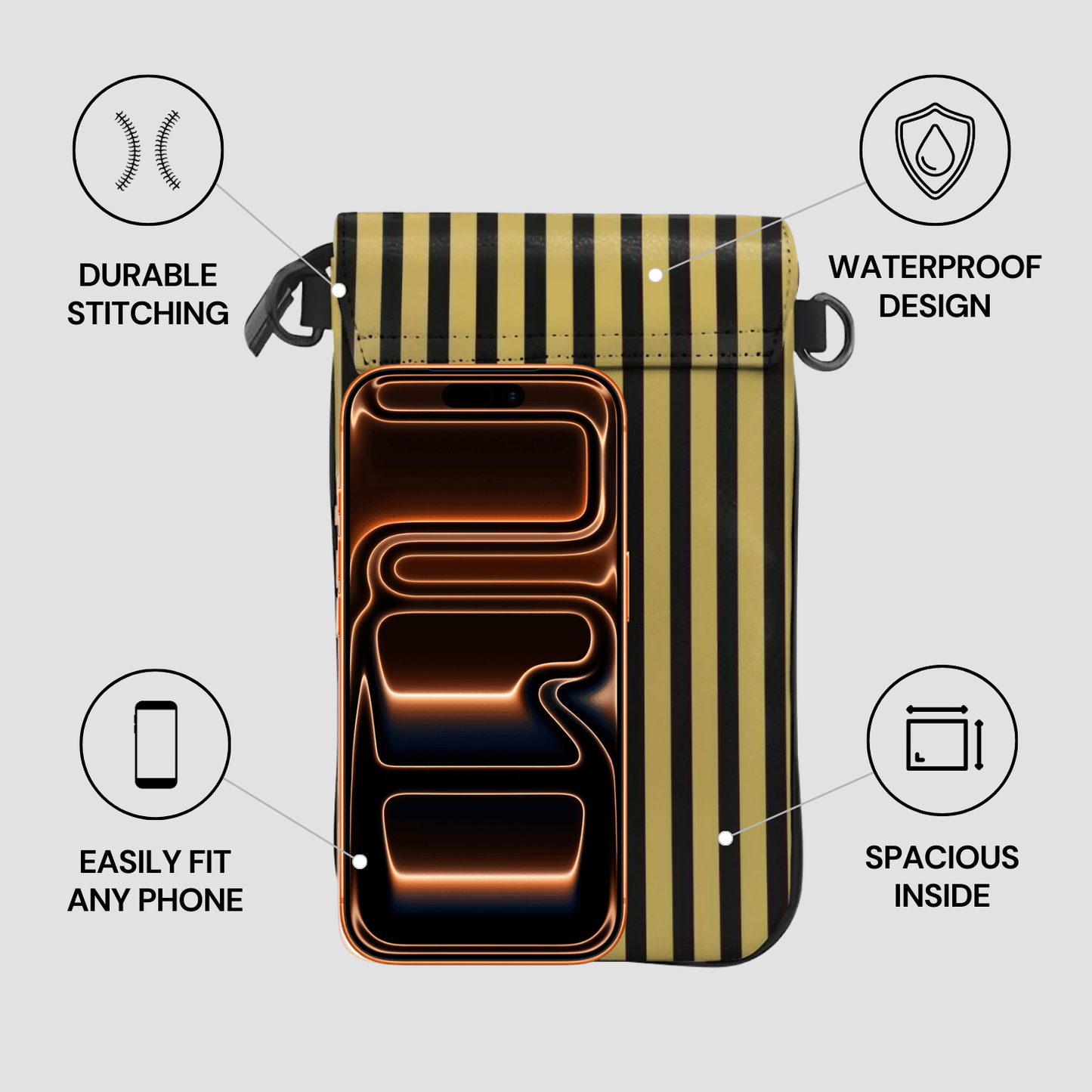 Phone case with black and gold striped design, features highlighted on a light gray background