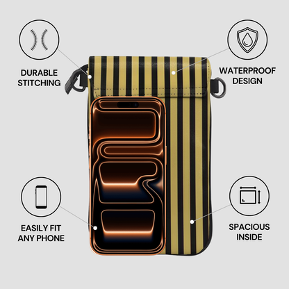 Phone case with black and gold striped design, features highlighted on a light gray background