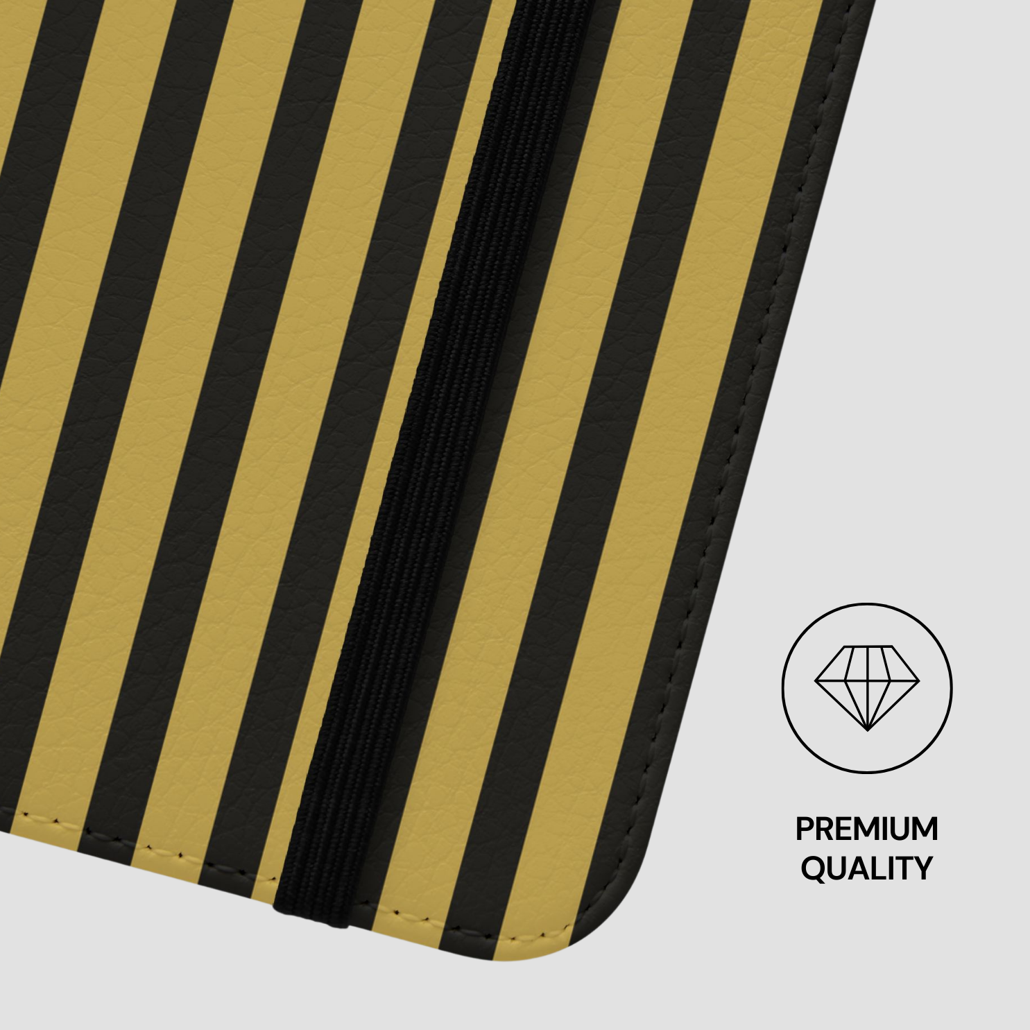 Phone case with black and gold striped pattern on a white background