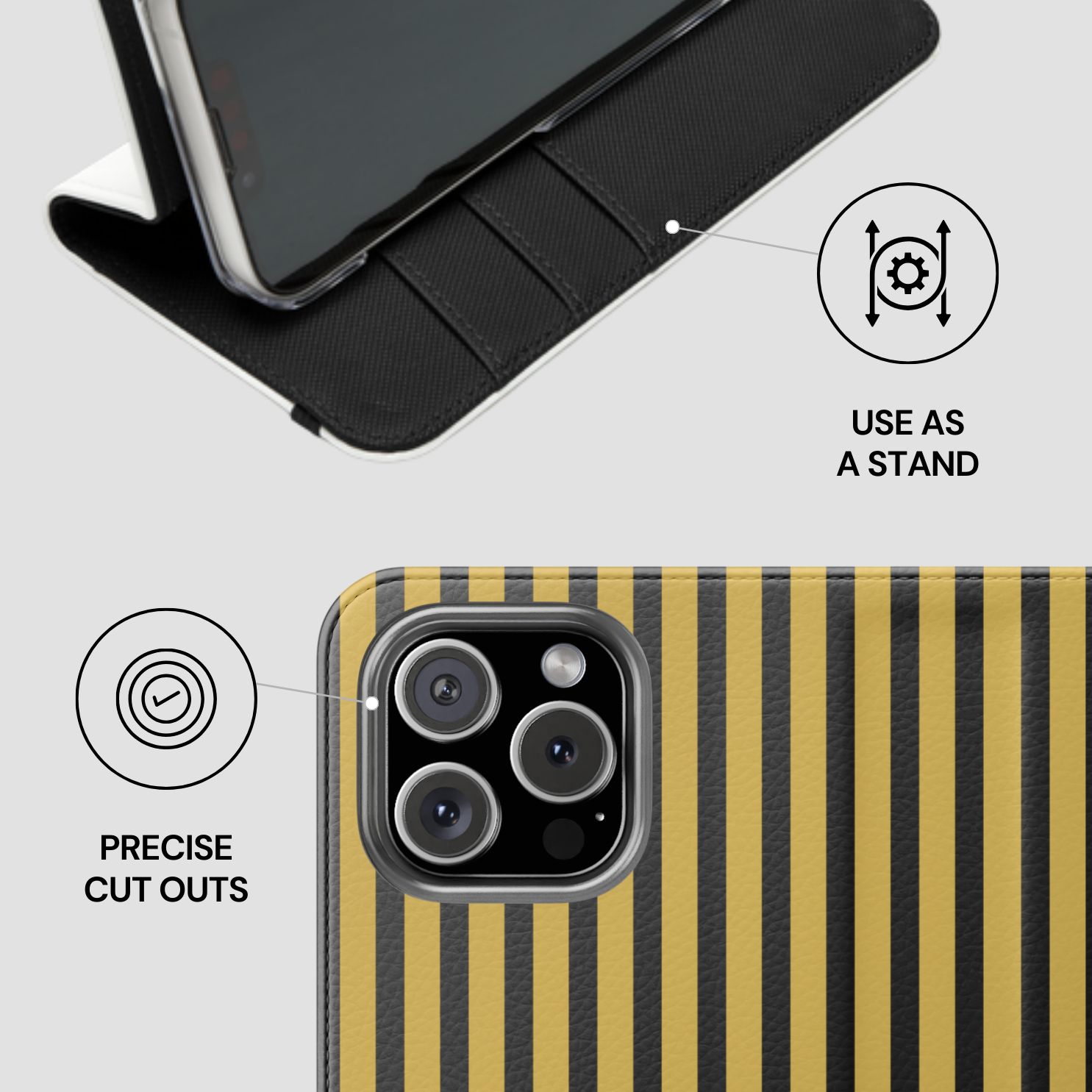 Phone case with black and yellow striped design, showing features like 'Use as a stand' and 'Precise cut outs'.