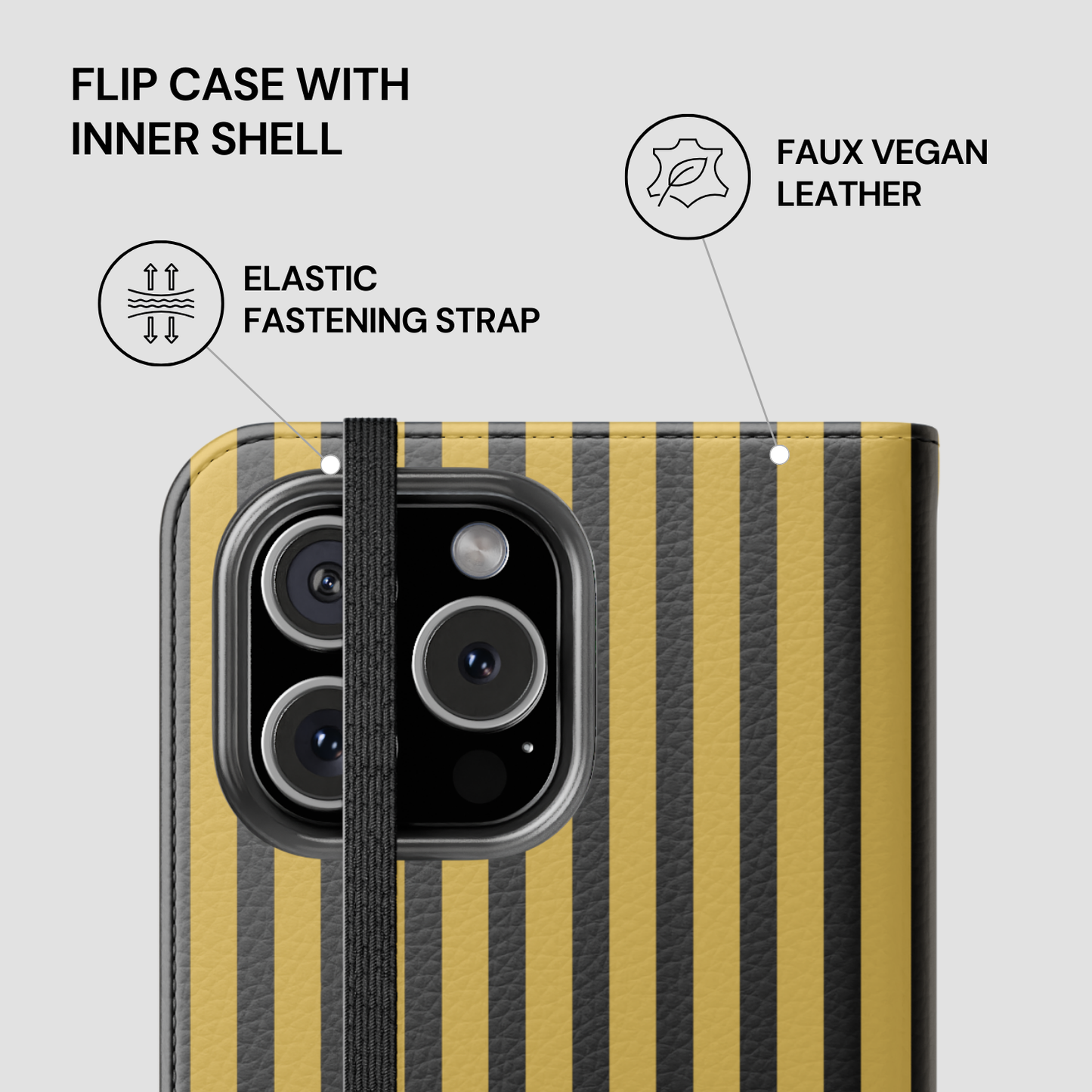 Striped phone case with features highlighted on a gray background