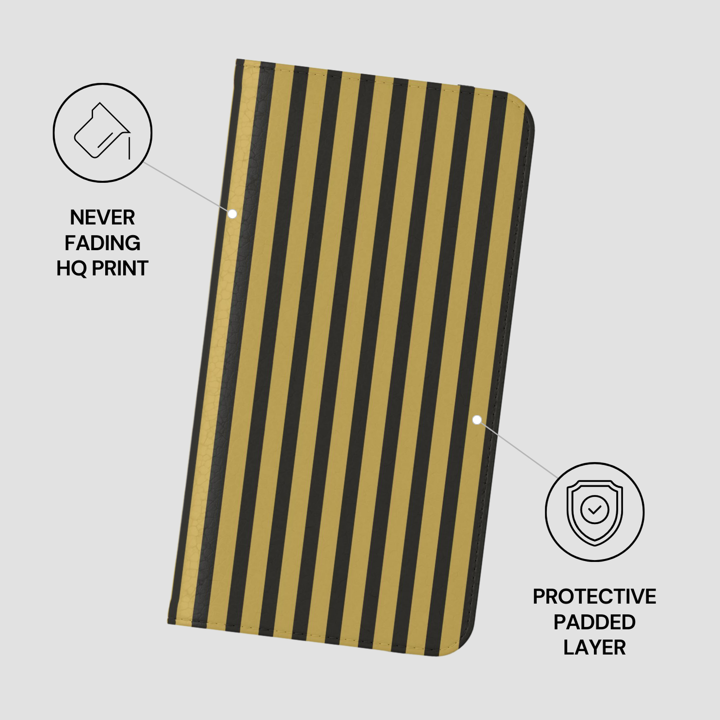 Striped product with 'Never Fading HQ Print' and 'Protective Padded Layer' text on a light gray background