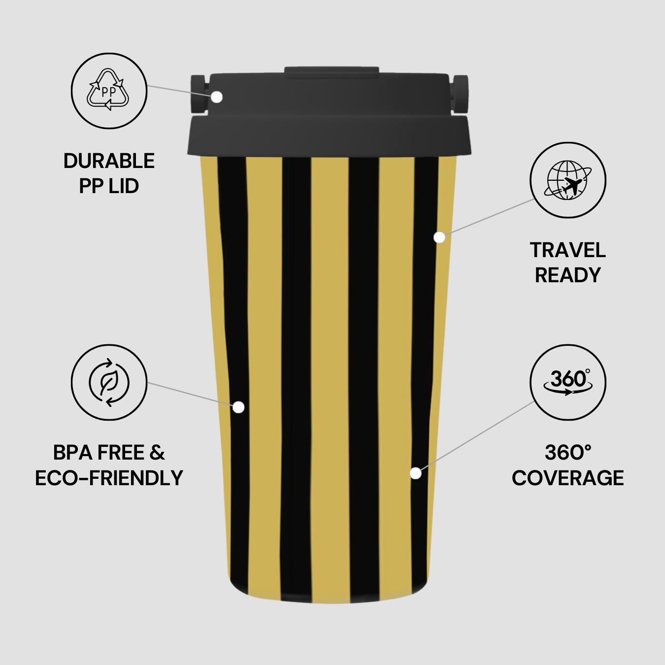 Black and gold striped travel mug with features highlighted on a light gray background