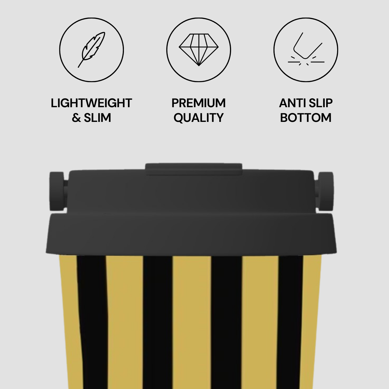 Yellow and black striped product with icons and text indicating features on a light gray background