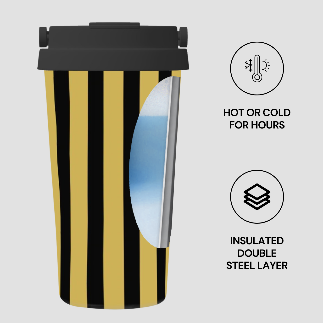 Insulated travel mug with black and yellow striped design on a light gray background