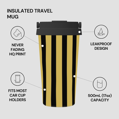 Insulated travel mug with black and yellow stripes on a gray background, featuring text about its features.