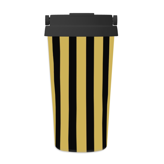 travel mug with black and gold striped design on a white background