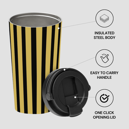 Black and yellow striped insulated steel tumbler with features highlighted on a light gray background