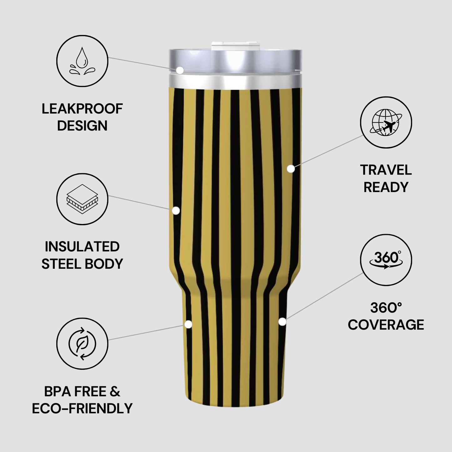 Tumbler with features highlighted on a gray background