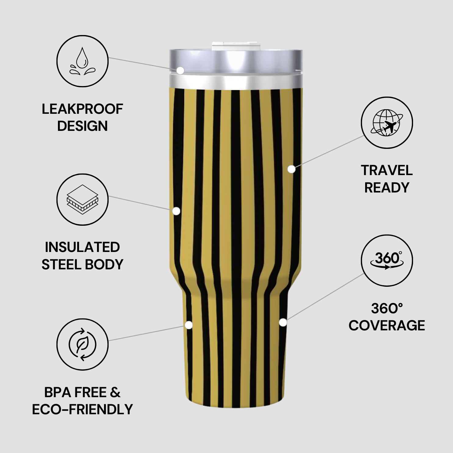 Tumbler with features highlighted on a gray background