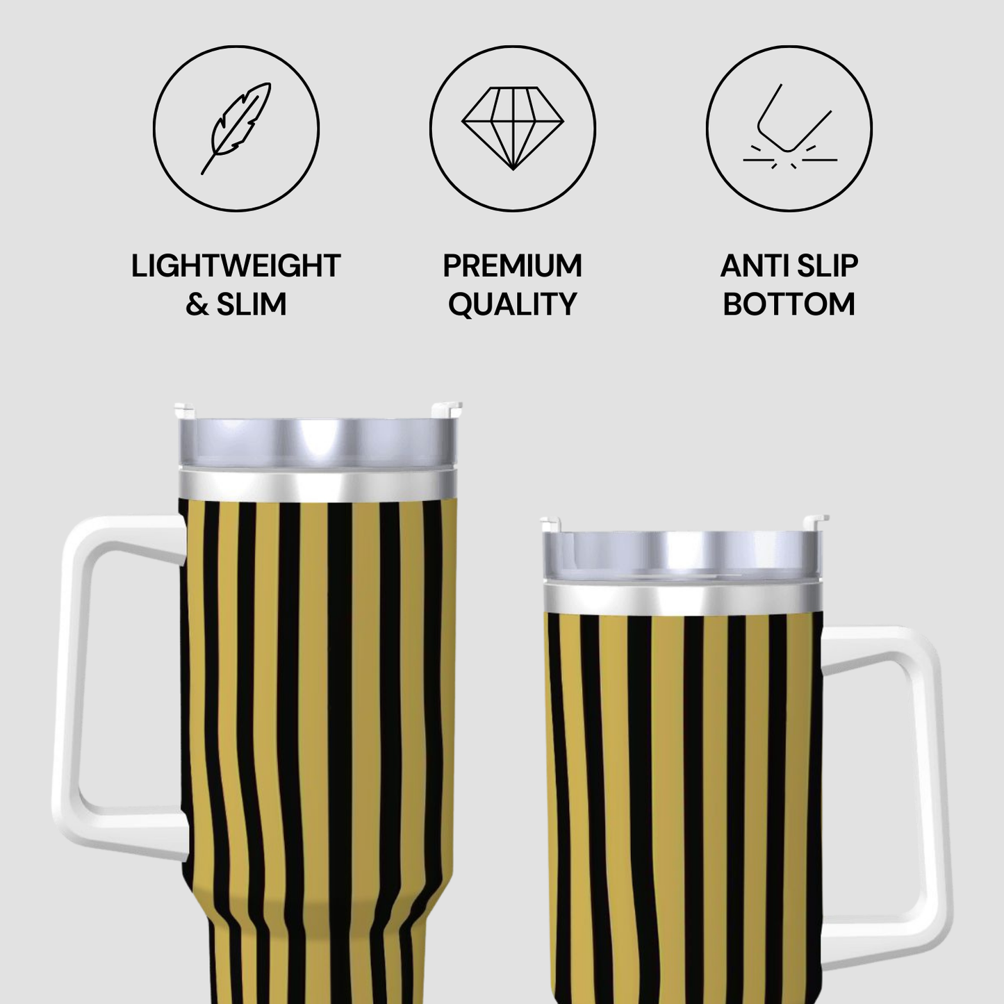 Two travel mugs with black and gold striped design on a light gray background, featuring icons and text about product features.