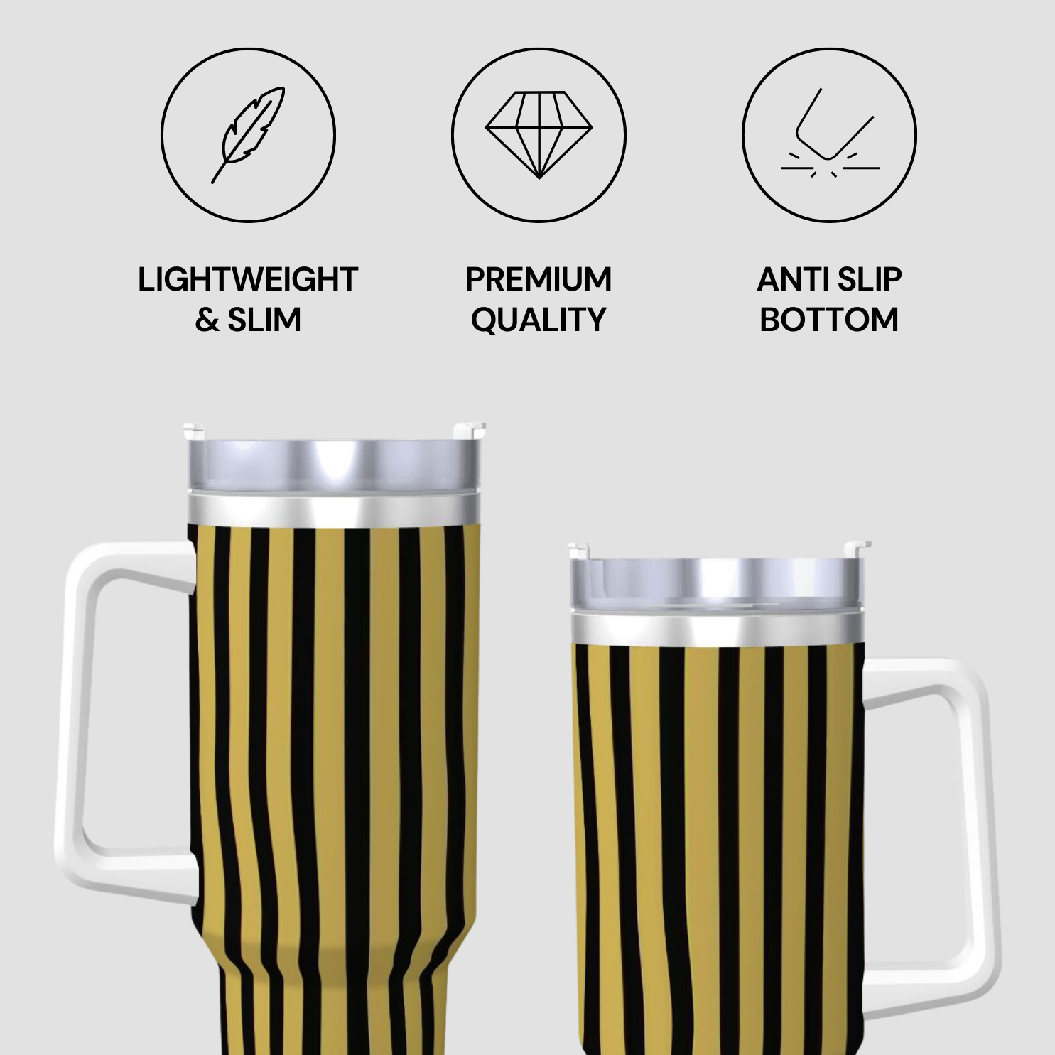 Two travel mugs with black and gold striped design on a light gray background, featuring icons and text about product features.