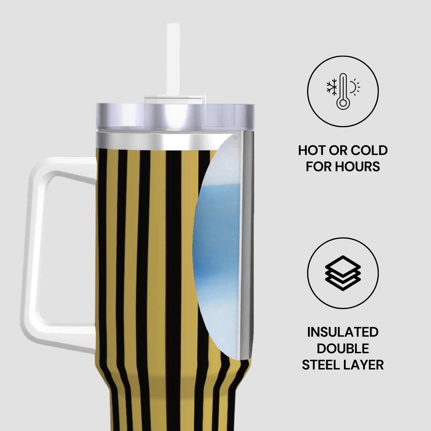 Tumbler with striped design on a light gray background