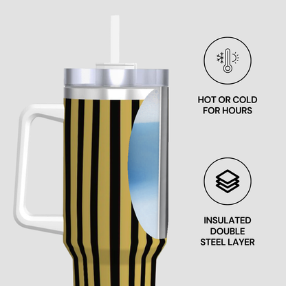 Tumbler with striped design on a light gray background