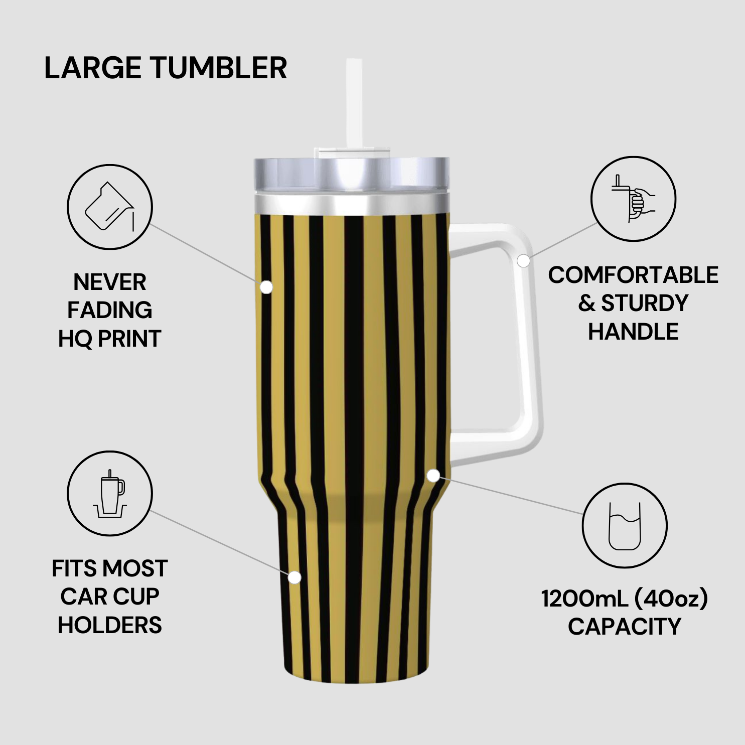 Large tumbler with black and gold striped design on a gray background, featuring text about its features.