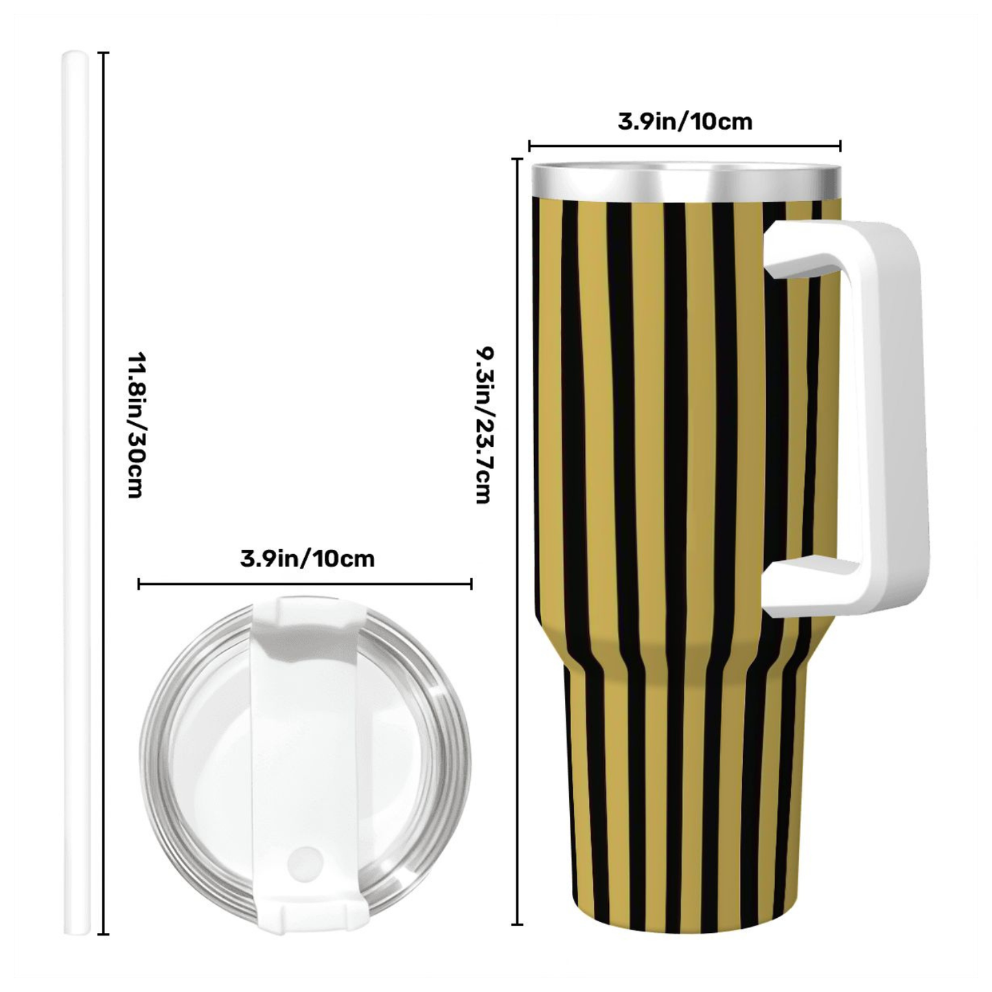 Striped tumbler with handle and lid, shown with measurements on a white background