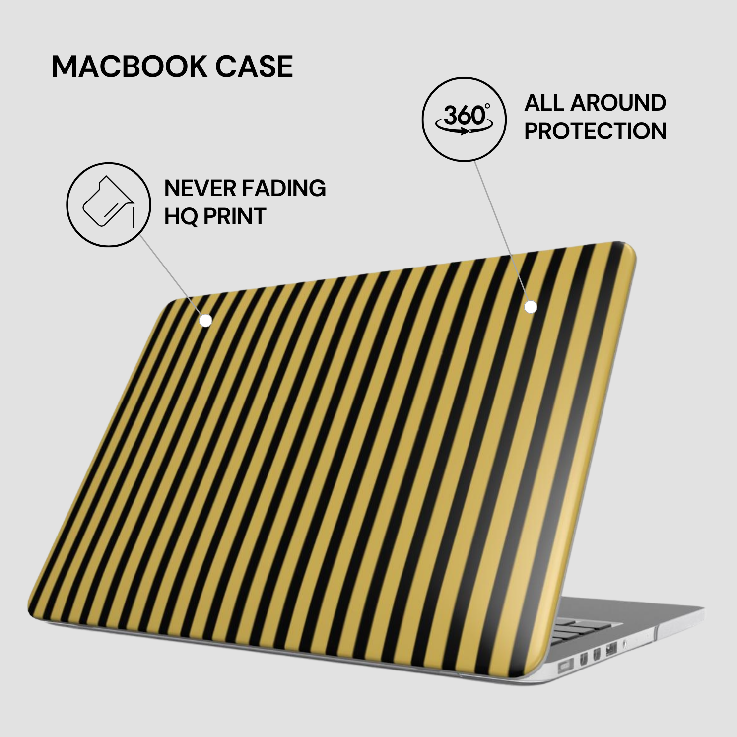 Yellow and black striped MacBook case with text highlighting features on a white background