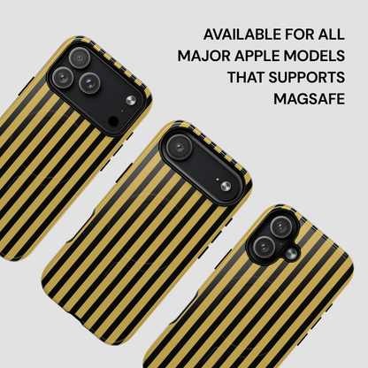 Three striped phone cases on a light gray background with text about compatibility.