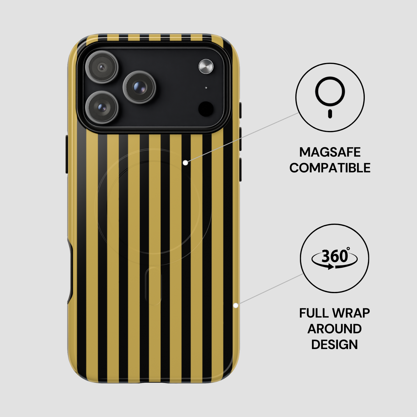 Phone case with black and gold striped design on a light gray background