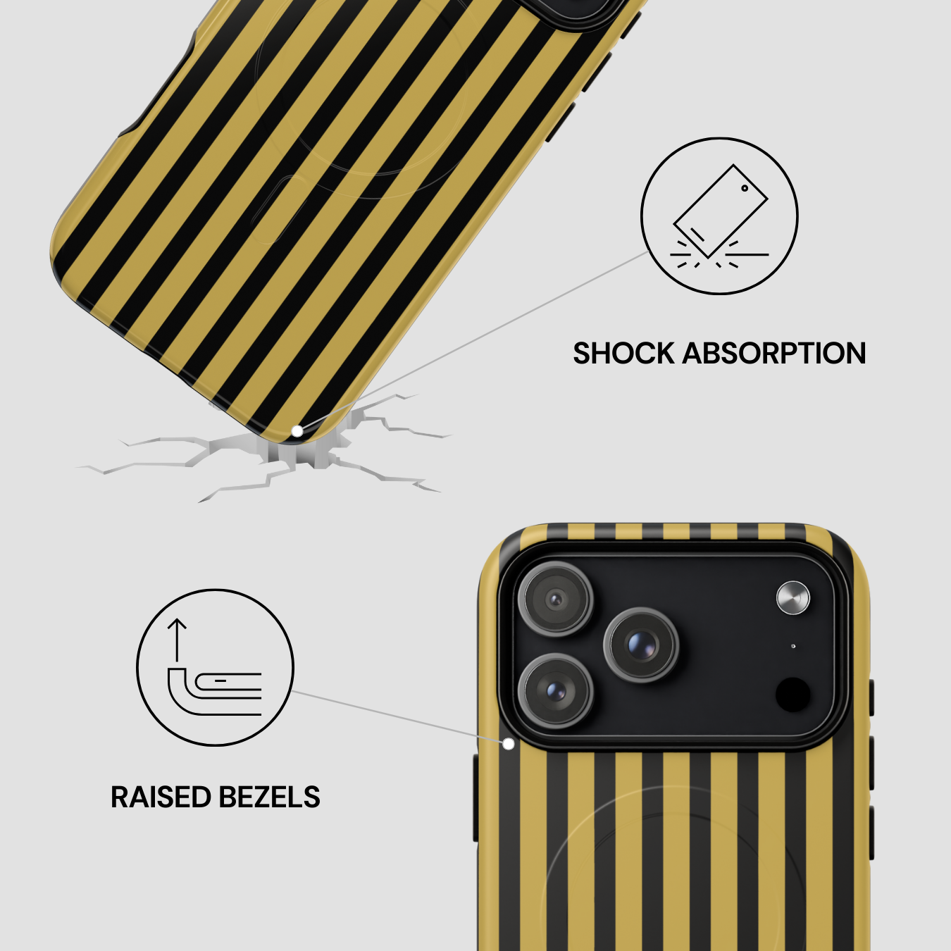 Phone case with black and yellow striped design, showing shock absorption and raised bezels features.