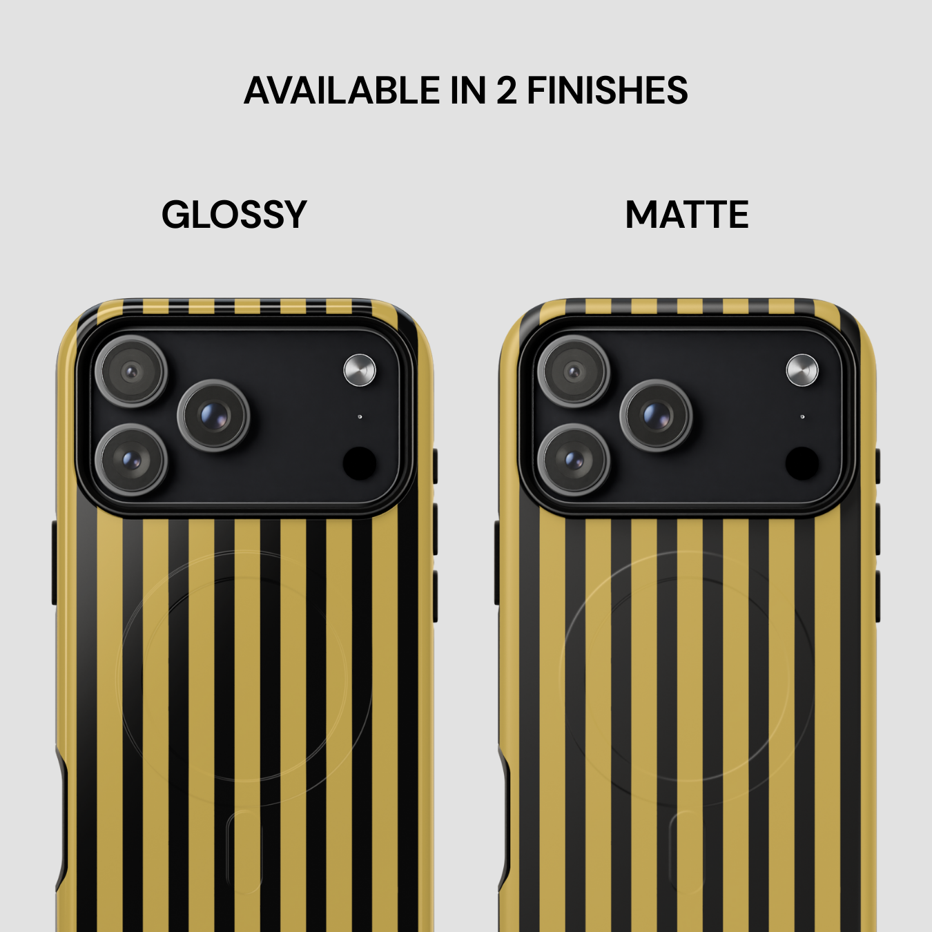 Two phone cases with black and gold striped design, labeled 'Glossy' and 'Matte'.