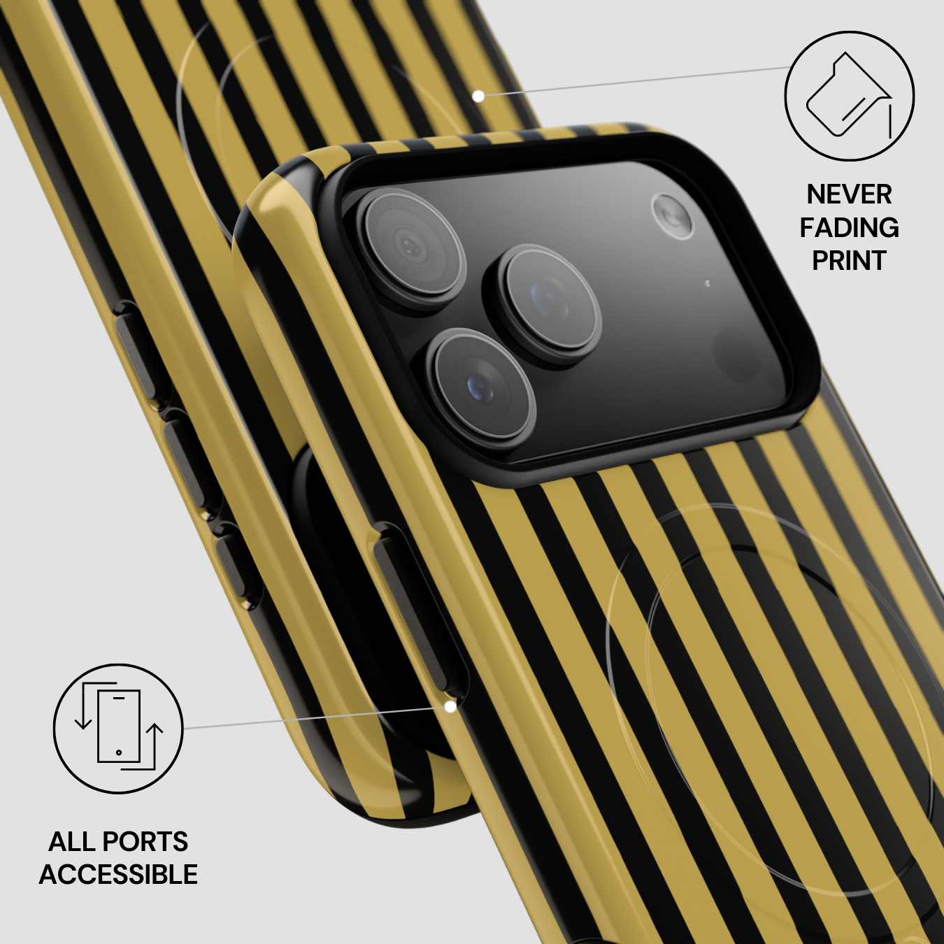Phone case with gold and black striped design on a light gray background