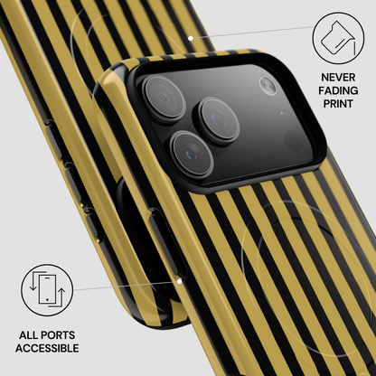 Phone case with gold and black striped design on a light gray background