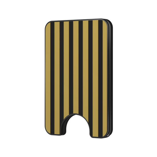 Gilded Noir magnetic wallet with black and gold vertical stripe pattern on a plain background