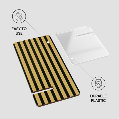 Black and gold striped product with 'Easy to Use' and 'Durable Plastic' text on a white background