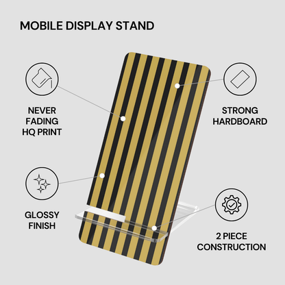 Striped mobile display stand with features highlighted on a gray background