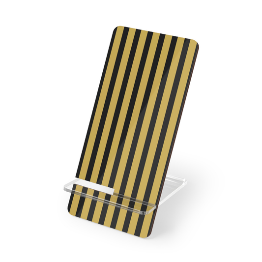 Phone stand with black and gold striped design on a white background