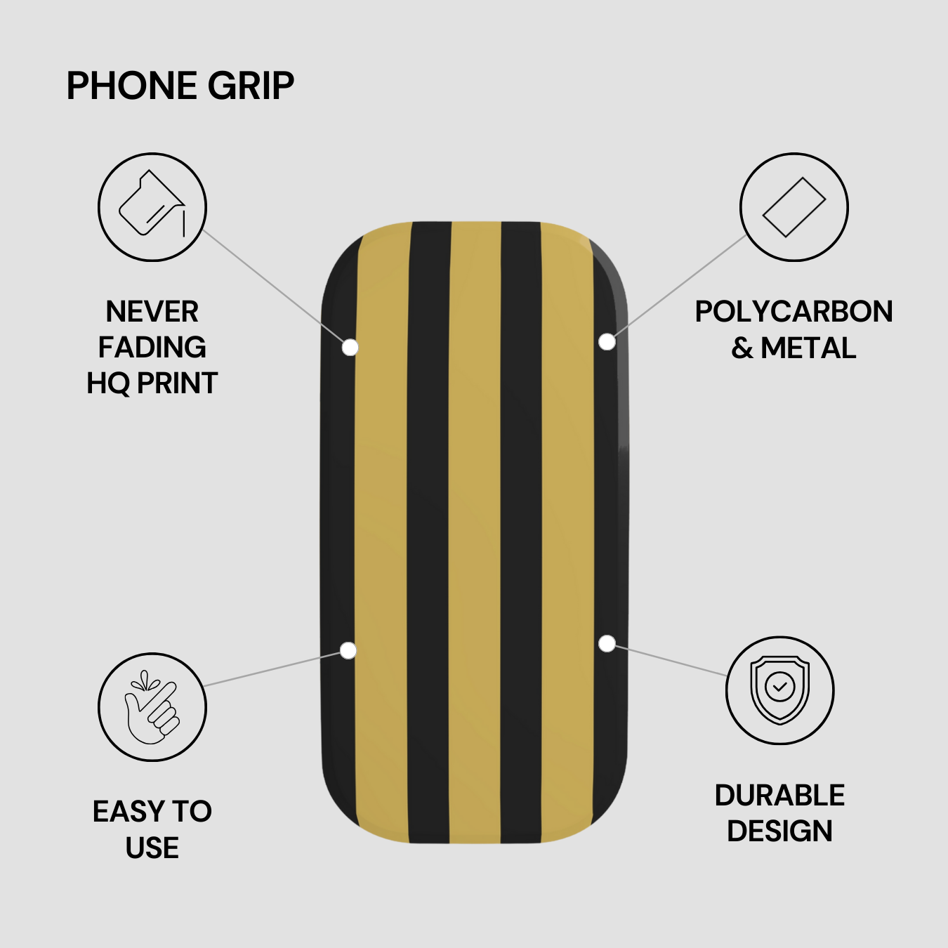 Phone grip with black and gold stripes on a gray background, featuring text about its features.