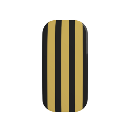 Rectangular object with black and gold vertical stripes on a white background