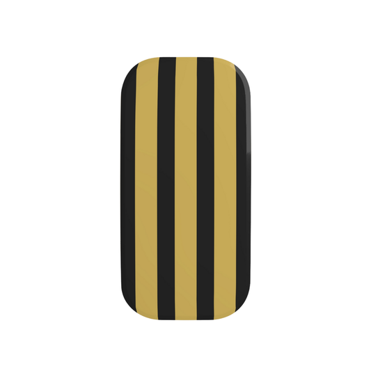 Rectangular object with black and gold vertical stripes on a white background