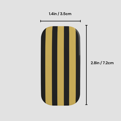 Rectangular object with black and gold stripes and measurements on a gray background
