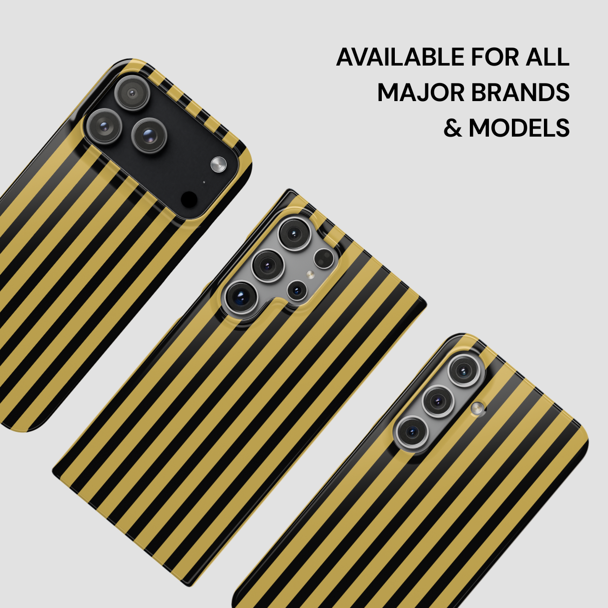 Three striped phone cases on a light gray background with text 'Available for all major brands & models'.