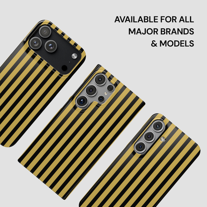 Three striped phone cases on a light gray background with text 'Available for all major brands & models'.