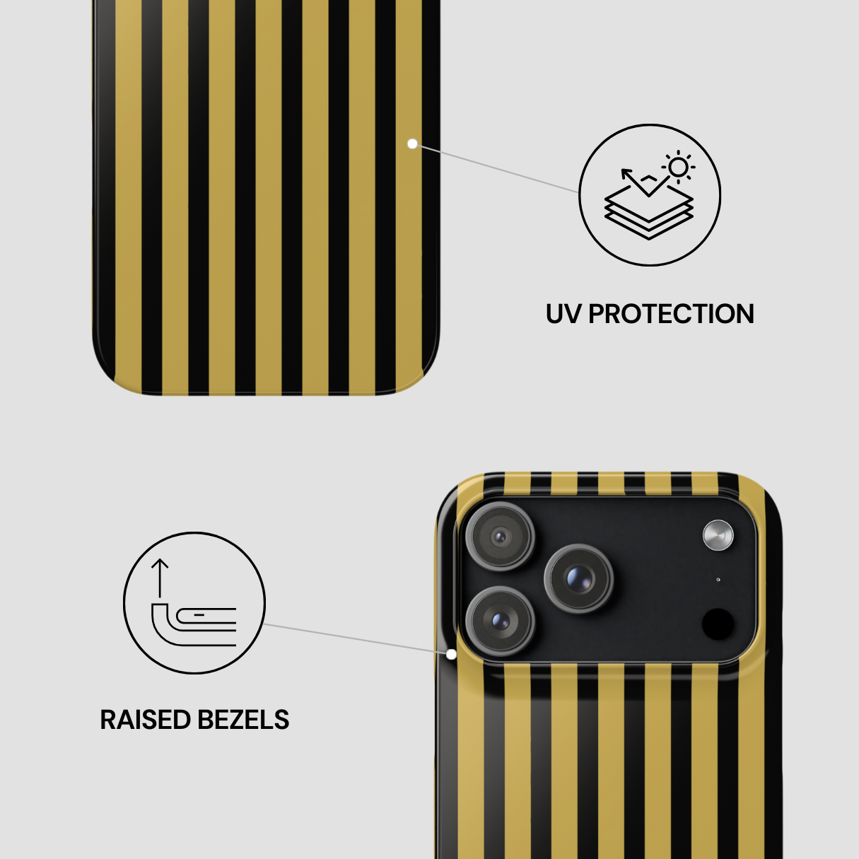 Phone case with black and gold striped design, UV protection, and raised bezels on a light gray background.
