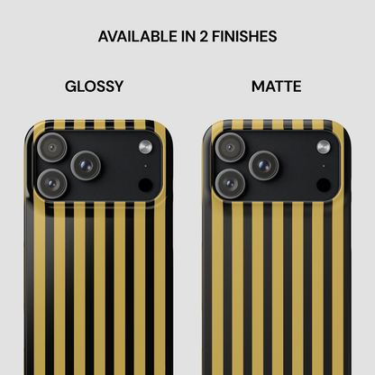 Two phone cases with black and gold striped design, labeled 'Glossy' and 'Matte'.