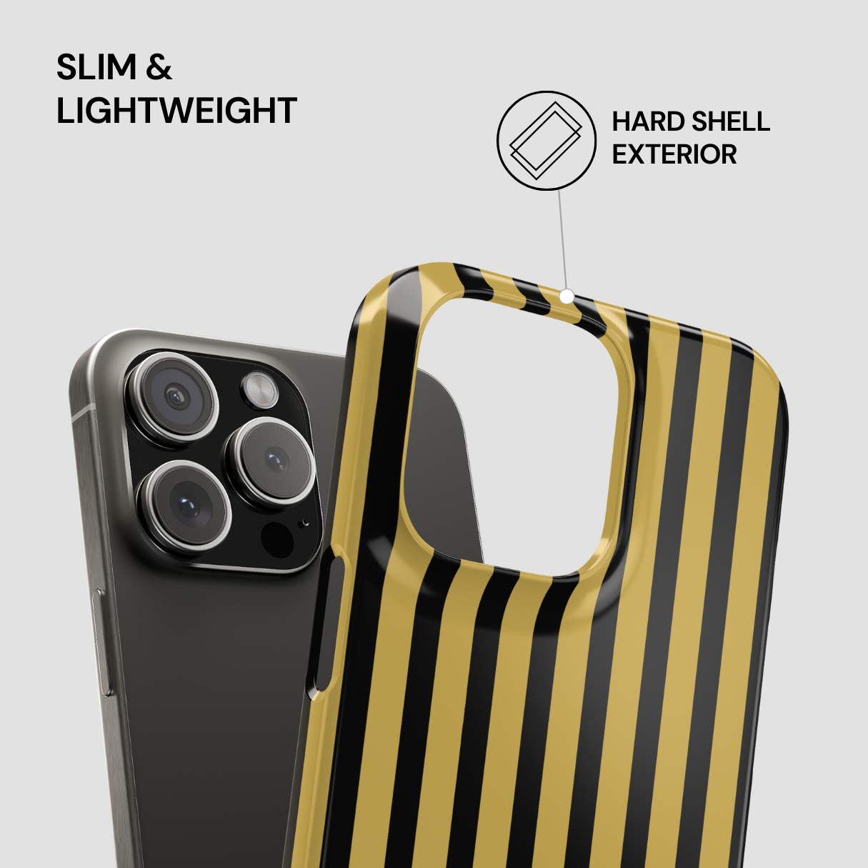 Phone case with black and gold striped design on a gray background