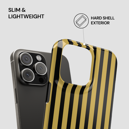 Phone case with black and gold striped design on a gray background