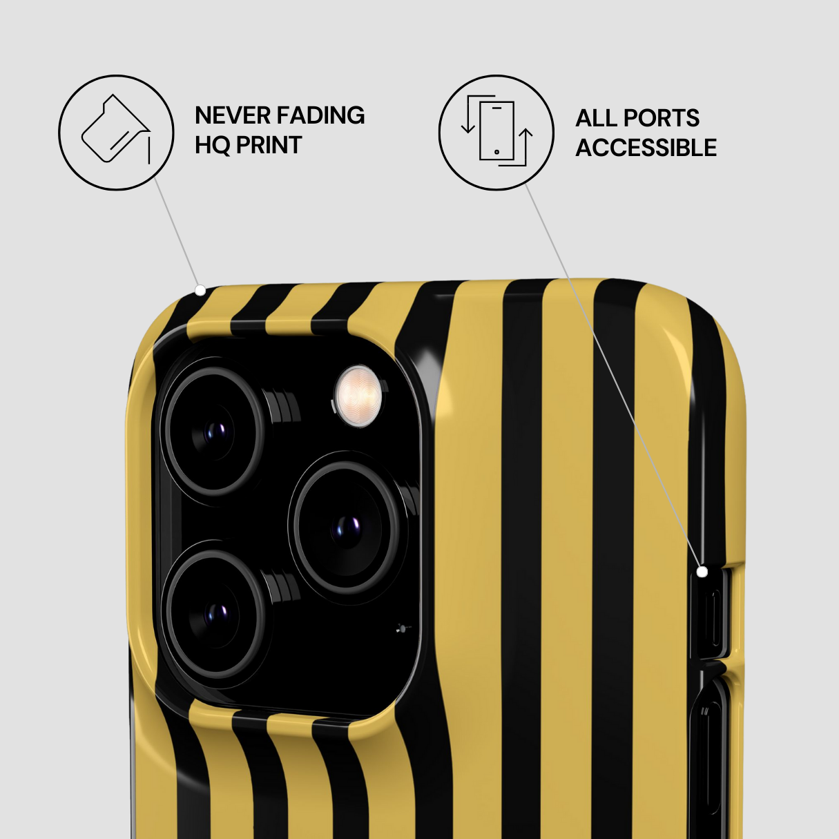 Phone case with black and yellow striped design on a light gray background
